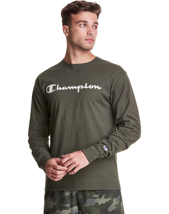 Champion Herre T-Shirts Olivengrøn - Classic Long-Sleeve Script Logo - Danmark GAO-317096